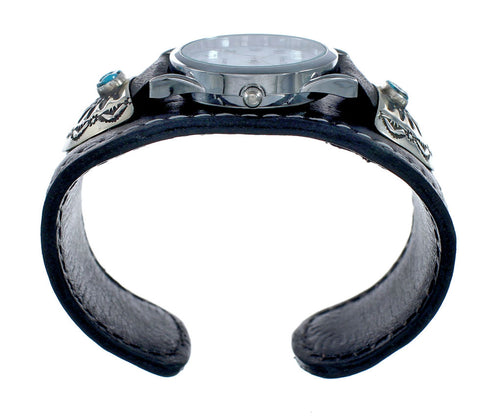 Navajo Turquoise Sterling Silver And Leather Cuff Watch SN20313